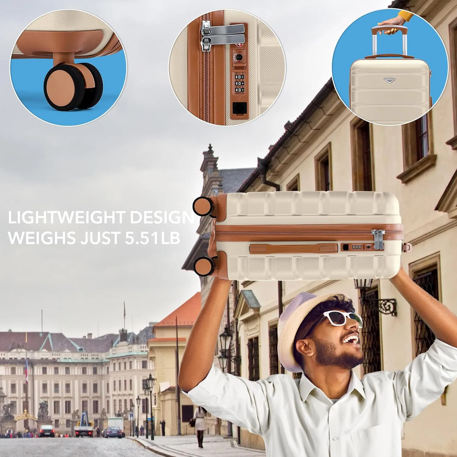 Flight Knight Suitcase Set TSA Lock Silent Double Spinner Wheels Durable Hardside Lightweight Luggage With Carry-On Case Maximum Carry On Bag Size For Approved Airlines, Cream/Tan, Carry On (22x14x9")