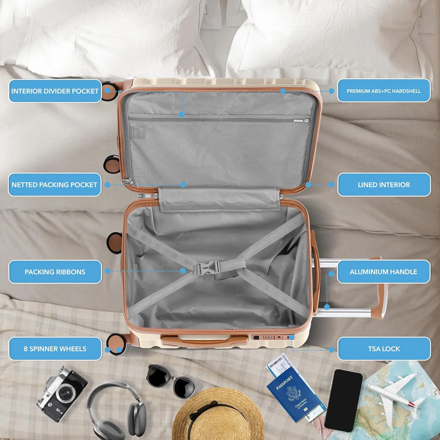 Flight Knight Suitcase Set TSA Lock Silent Double Spinner Wheels Durable Hardside Lightweight Luggage With Carry-On Case Maximum Carry On Bag Size For Approved Airlines, Cream/Tan, Carry On (22x14x9")
