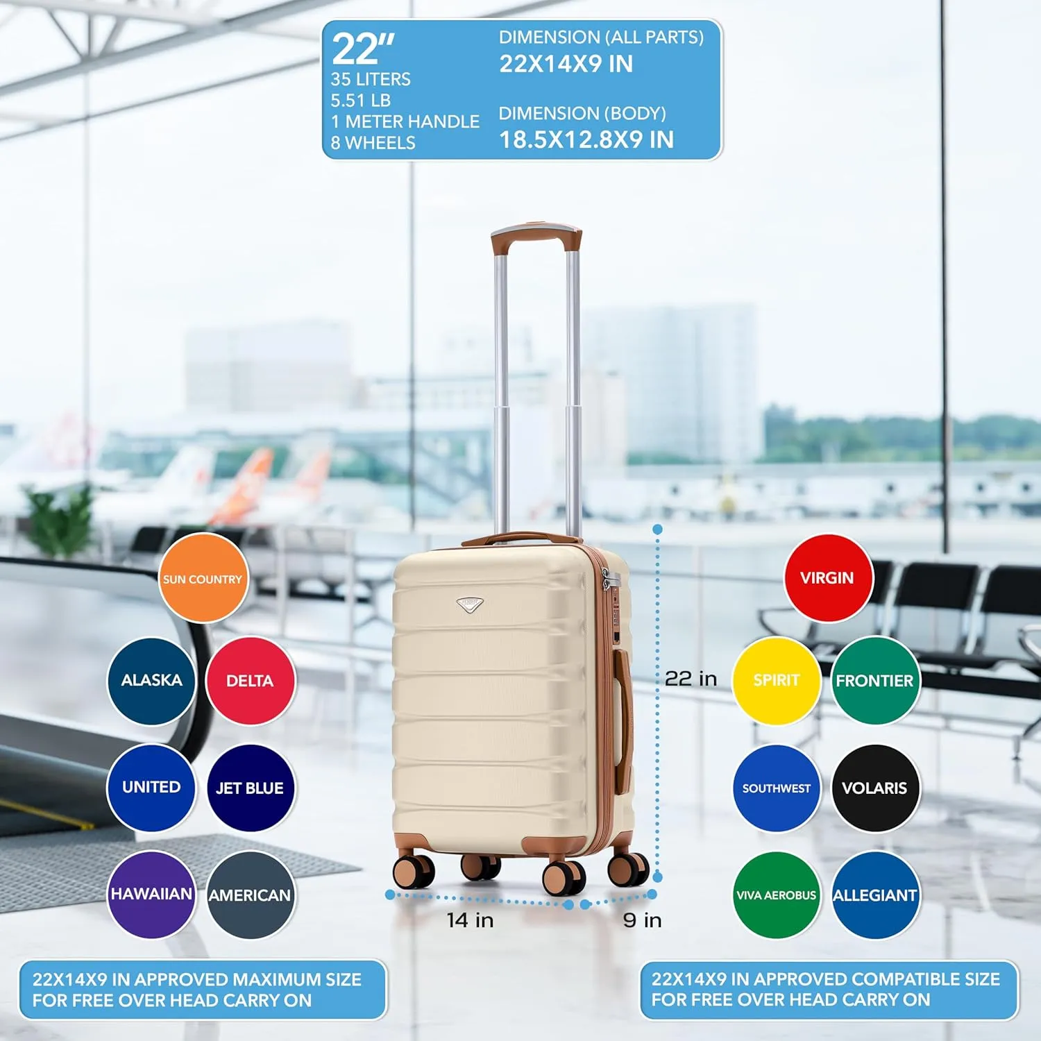 Flight Knight Suitcase Set TSA Lock Silent Double Spinner Wheels Durable Hardside Lightweight Luggage With Carry-On Case Maximum Carry On Bag Size For Approved Airlines, Cream/Tan, Carry On (22x14x9")