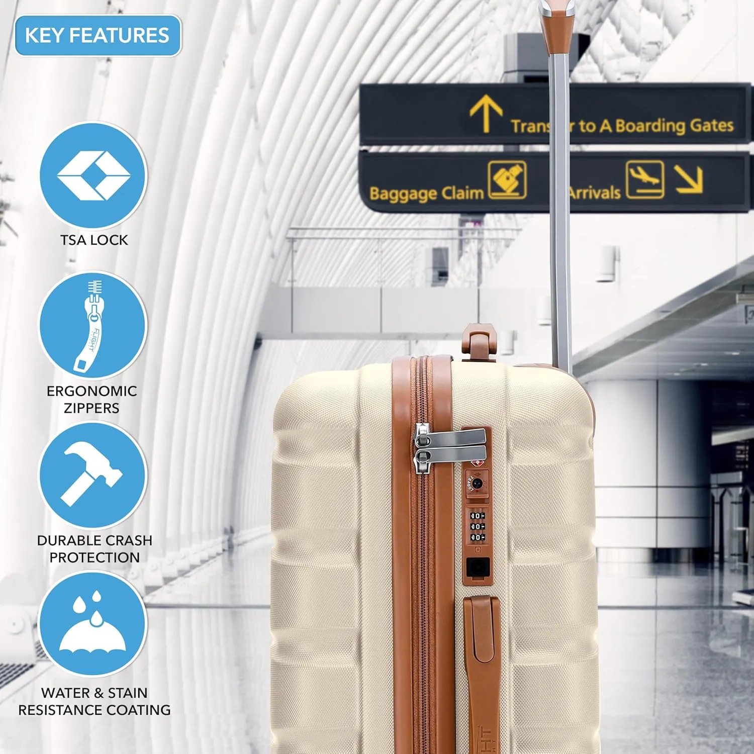 Flight Knight Suitcase Set TSA Lock Silent Double Spinner Wheels Durable Hardside Lightweight Luggage With Carry-On Case Maximum Carry On Bag Size For Approved Airlines, Cream/Tan, Carry On (22x14x9")