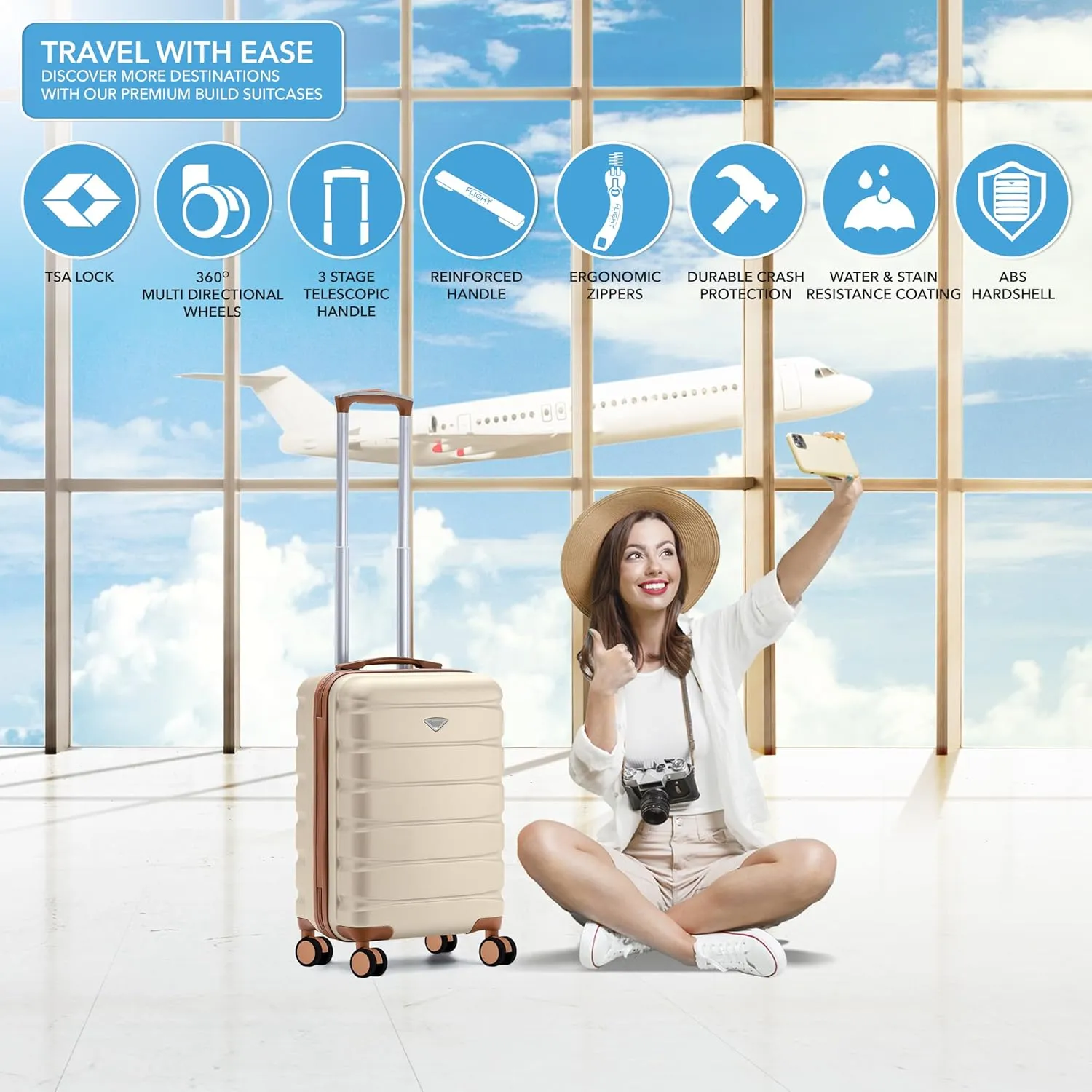 Flight Knight Suitcase Set TSA Lock Silent Double Spinner Wheels Durable Hardside Lightweight Luggage With Carry-On Case Maximum Carry On Bag Size For Approved Airlines, Cream/Tan, Carry On (22x14x9")