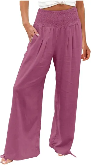 Flowy Pants for Women High Waist Linen Pant Wide Leg Casual Pant Fashion Beach Lounge Pants Summer Resort Wear