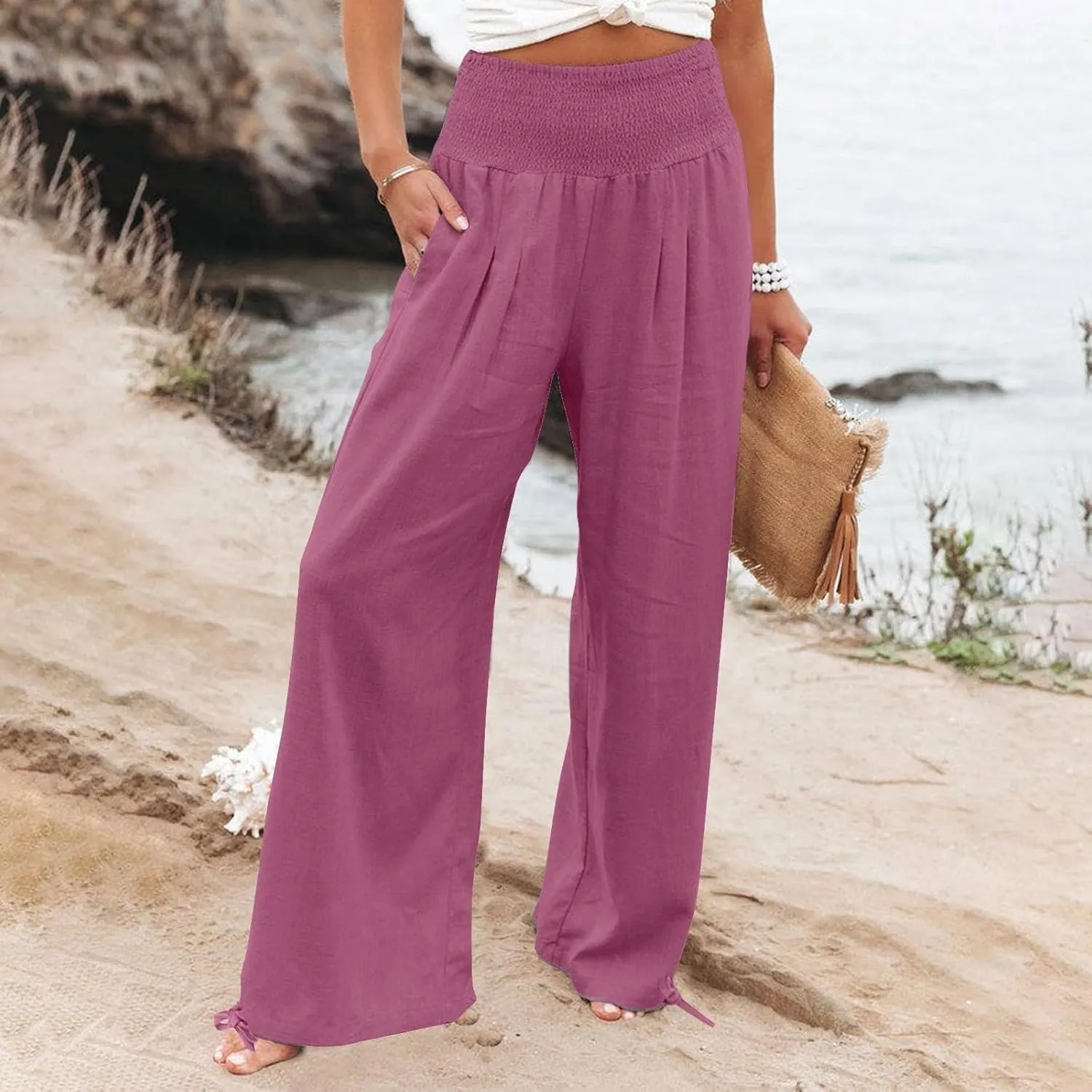 Flowy Pants for Women High Waist Linen Pant Wide Leg Casual Pant Fashion Beach Lounge Pants Summer Resort Wear
