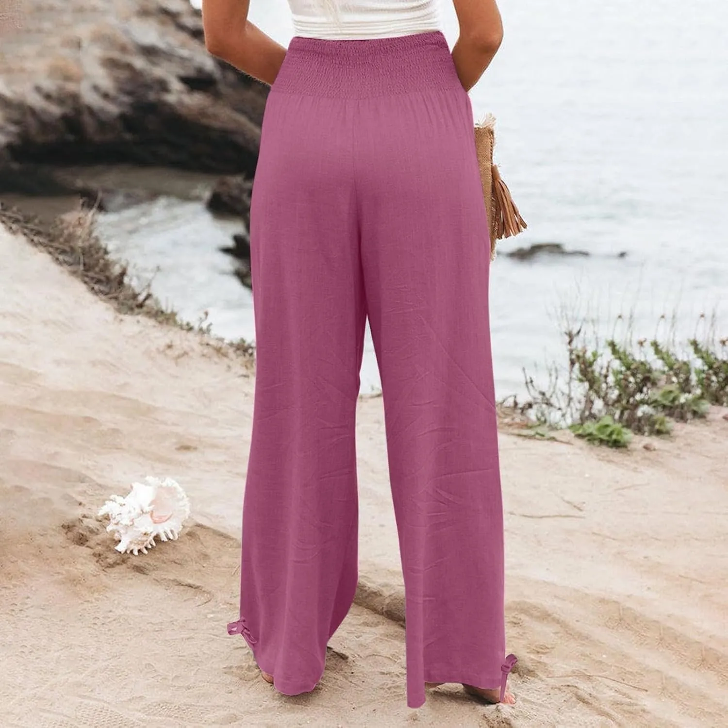 Flowy Pants for Women High Waist Linen Pant Wide Leg Casual Pant Fashion Beach Lounge Pants Summer Resort Wear