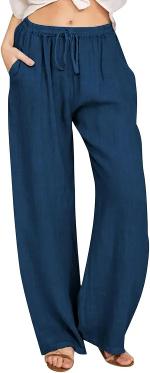 Flowy Pants for Women Summer Trendy High Waisted Straight Leg Pant Solid Casual Loose Trousers with Pockets