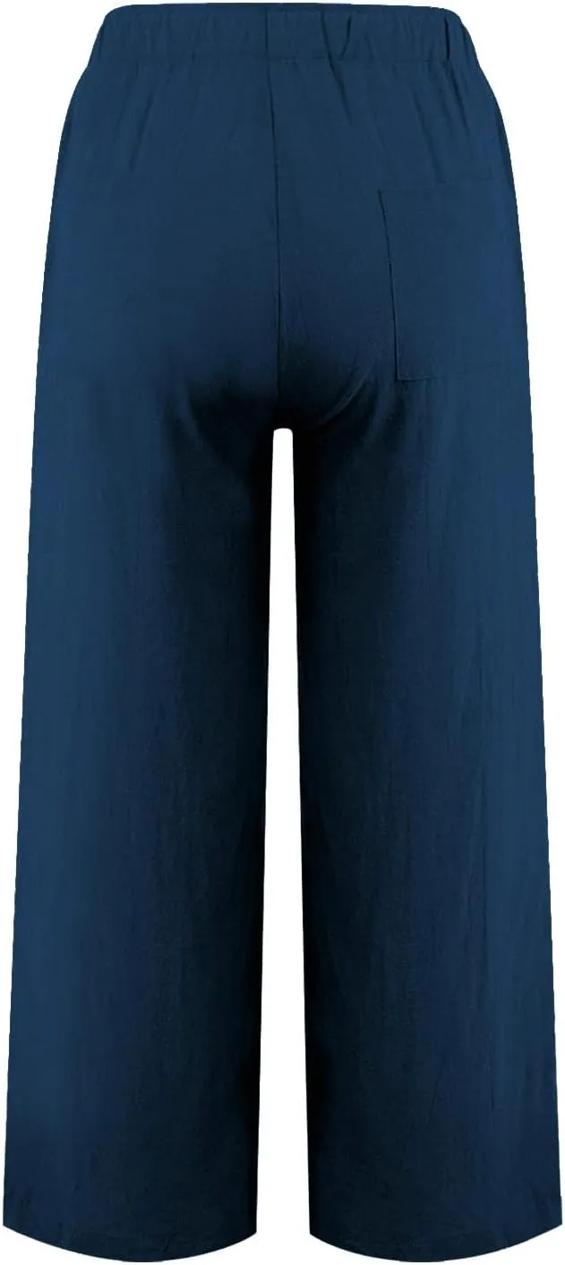 Flowy Pants for Women Summer Trendy High Waisted Straight Leg Pant Solid Casual Loose Trousers with Pockets
