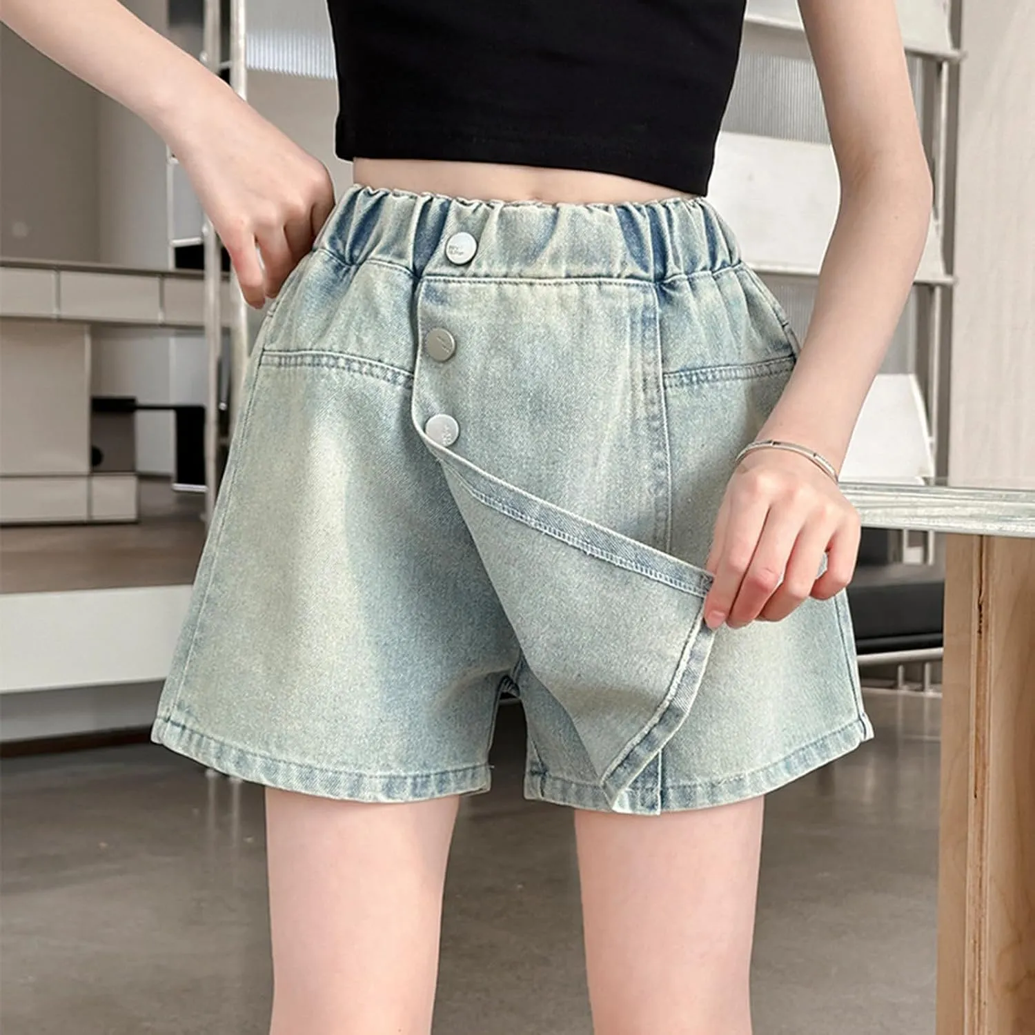 Girl's Denim Shorts High Waisted Elastic Button Front Asymmetrical Jean Shorts with Pockets Teenager Vintage Clothes