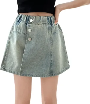 Girl's Denim Shorts High Waisted Elastic Button Front Asymmetrical Jean Shorts with Pockets Teenager Vintage Clothes