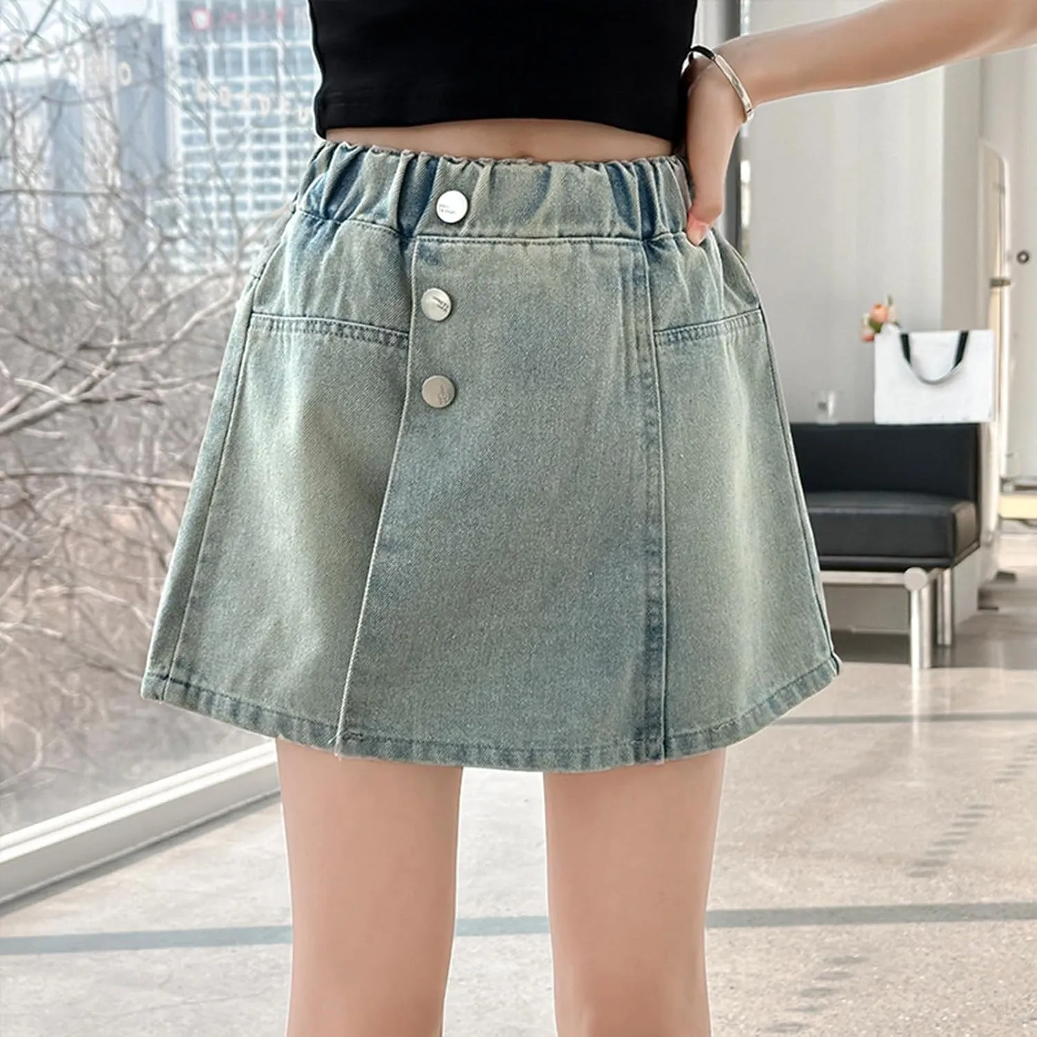 Girl's Denim Shorts High Waisted Elastic Button Front Asymmetrical Jean Shorts with Pockets Teenager Vintage Clothes