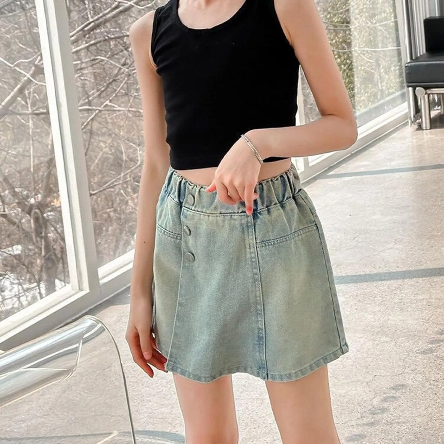Girl's Denim Shorts High Waisted Elastic Button Front Asymmetrical Jean Shorts with Pockets Teenager Vintage Clothes