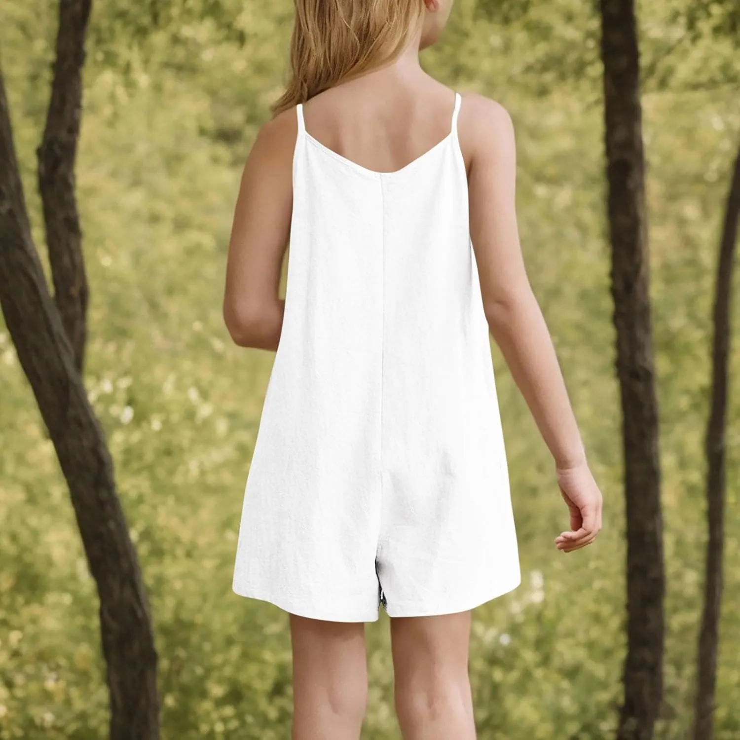 Girls Jumpsuit Cute Bow Spaghetti Straps Short Rompers Kids Pleated Flowy Jumpsuit Cotton Linen Beach Summer Playsuit