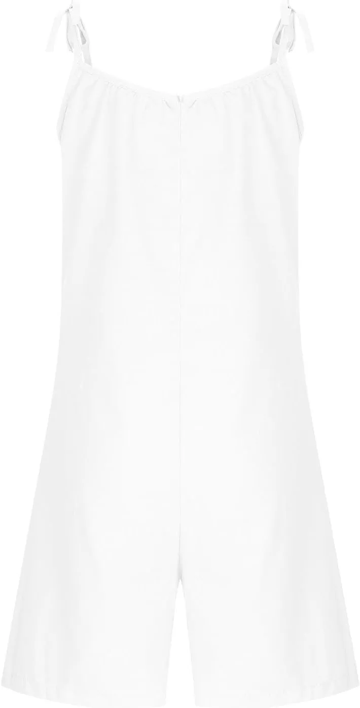 Girls Jumpsuit Cute Bow Spaghetti Straps Short Rompers Kids Pleated Flowy Jumpsuit Cotton Linen Beach Summer Playsuit