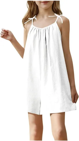 Girls Jumpsuit Cute Bow Spaghetti Straps Short Rompers Kids Pleated Flowy Jumpsuit Cotton Linen Beach Summer Playsuit