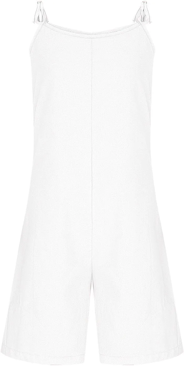 Girls Jumpsuit Cute Bow Spaghetti Straps Short Rompers Kids Pleated Flowy Jumpsuit Cotton Linen Beach Summer Playsuit