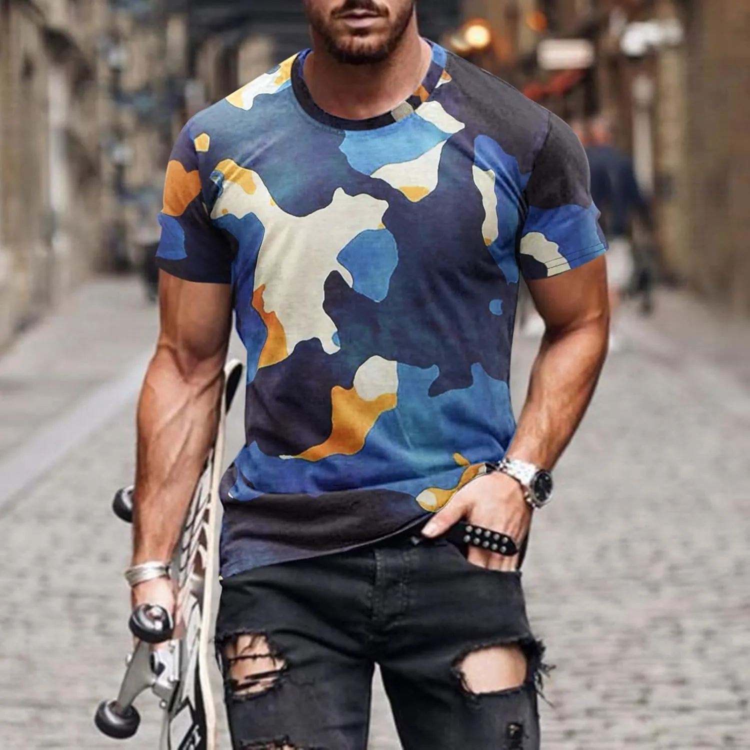 GOKKILRW Men's T Shirts Casual Camo Printed Lightweight Quick Dry Plus Size Crewneck Short Sleeve Military Hunting Tees