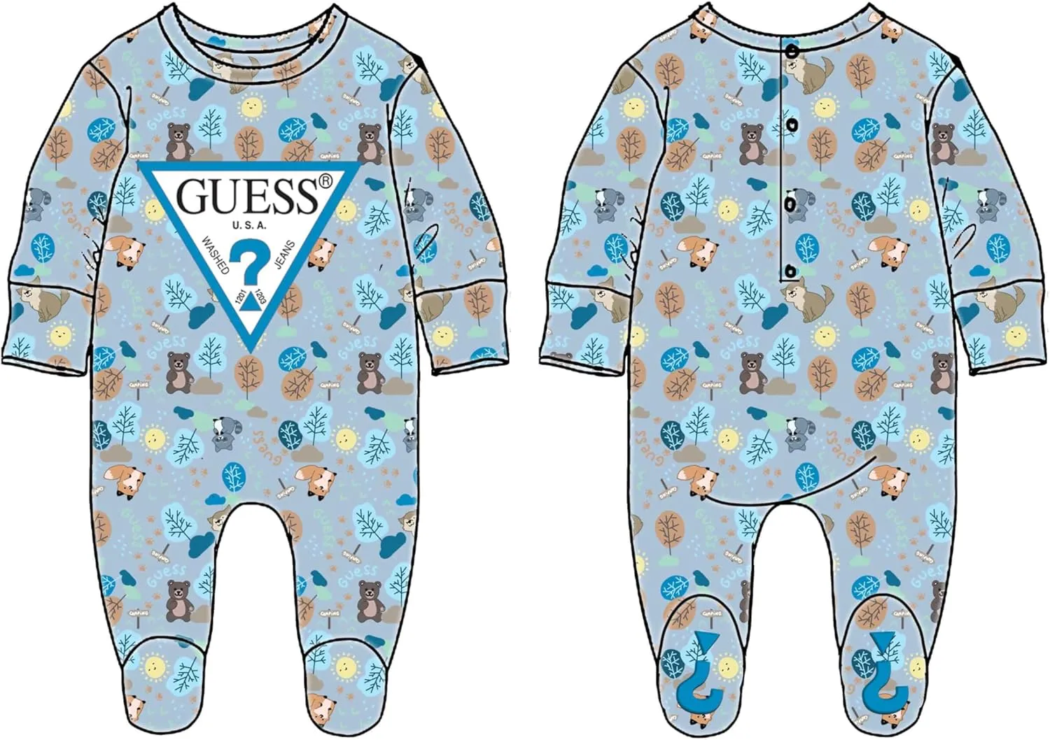 GUESS baby-boys Eco All Over Print Long Sleeve Footed Onesie