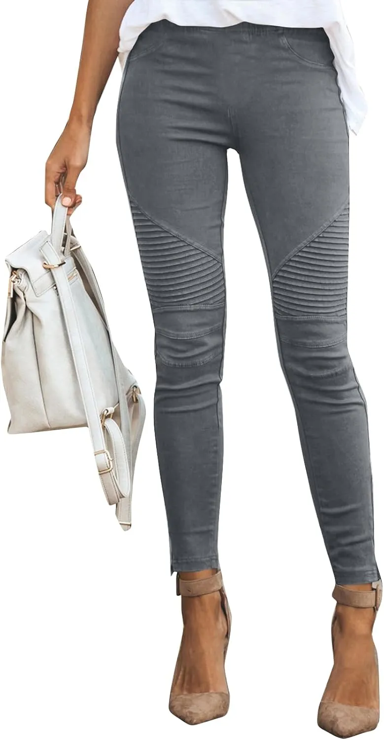 Gumipy Women's Stretch Pants Striped Decoration Slim Leg Dressy Trousers Trendy Skinny Straight Leg Pants with Pockets