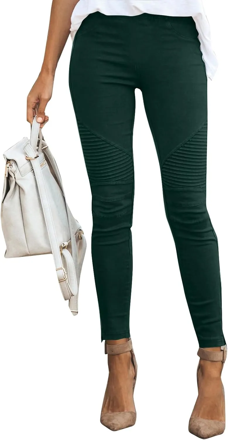 Gumipy Women's Stretch Pants Striped Decoration Slim Leg Dressy Trousers Trendy Skinny Straight Leg Pants with Pockets
