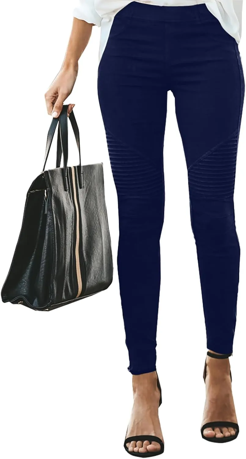 Gumipy Women's Stretch Pants Striped Decoration Slim Leg Dressy Trousers Trendy Skinny Straight Leg Pants with Pockets