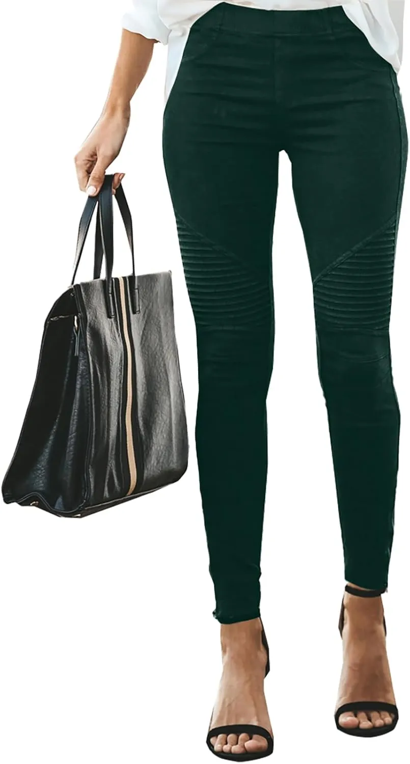 Gumipy Women's Stretch Pants Striped Decoration Slim Leg Dressy Trousers Trendy Skinny Straight Leg Pants with Pockets