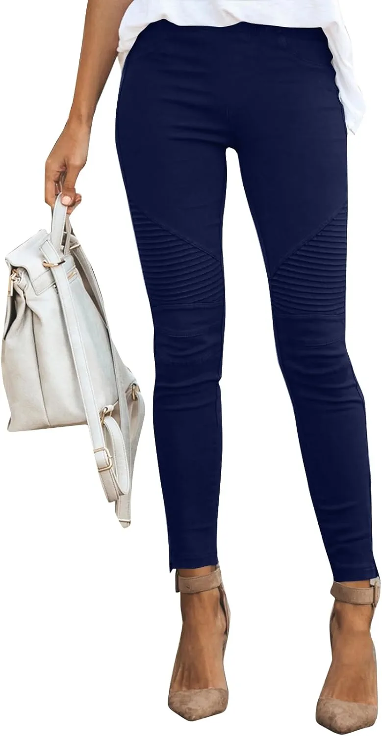 Gumipy Women's Stretch Pants Striped Decoration Slim Leg Dressy Trousers Trendy Skinny Straight Leg Pants with Pockets