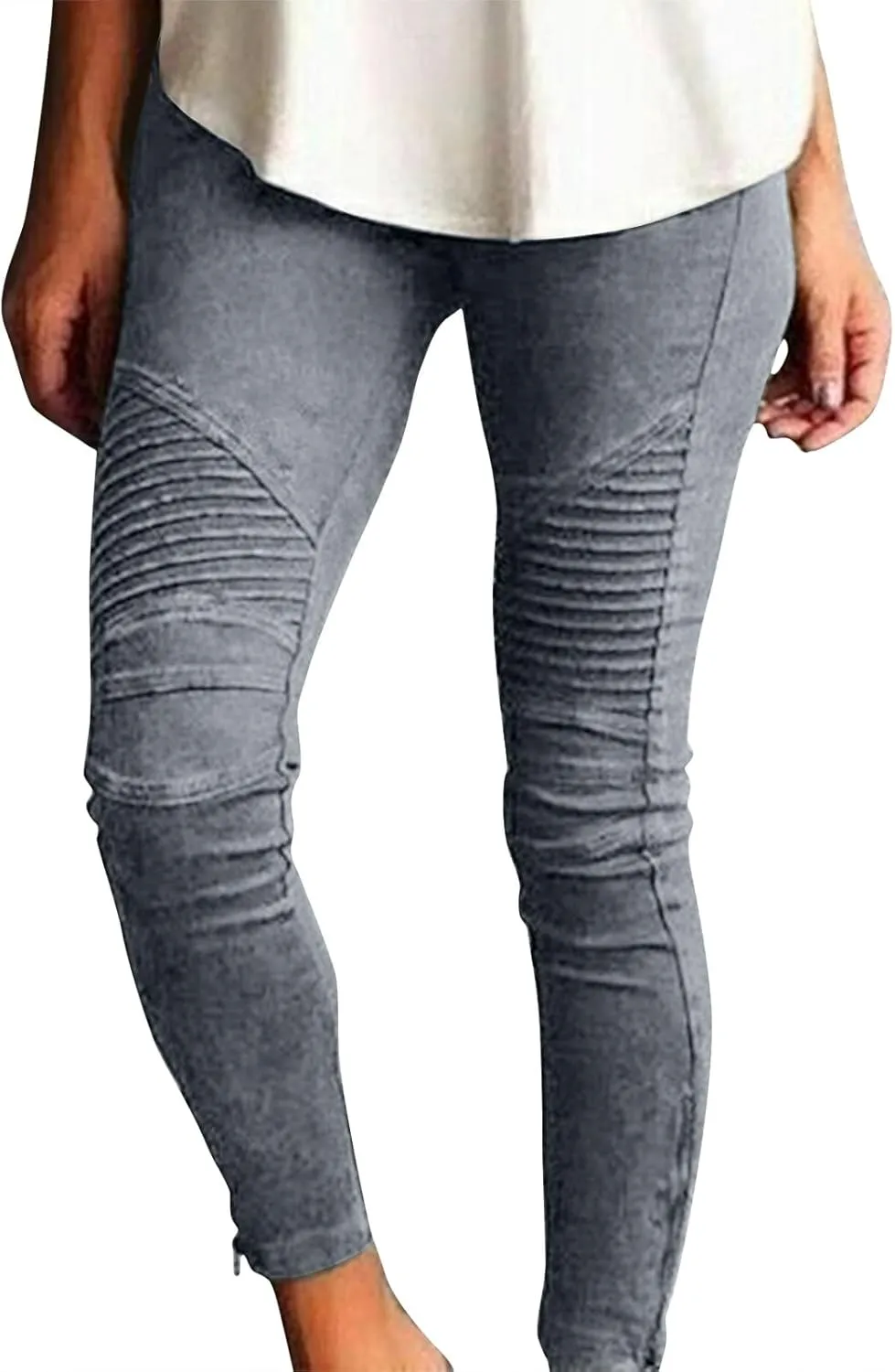 Gumipy Women's Stretch Pants Striped Decoration Slim Leg Dressy Trousers Trendy Skinny Straight Leg Pants with Pockets