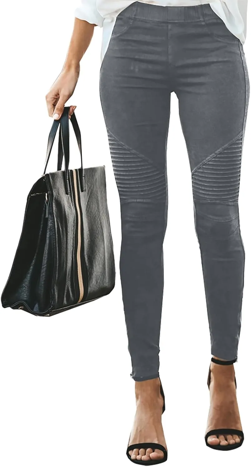 Gumipy Women's Stretch Pants Striped Decoration Slim Leg Dressy Trousers Trendy Skinny Straight Leg Pants with Pockets
