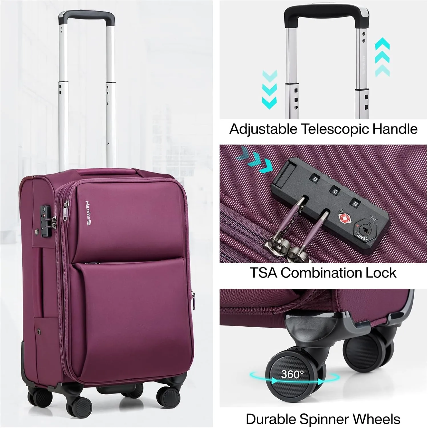 Hanke 24 Inch Luggage Expandable Softside Checked Suitcases with Spinner Wheels, Upright Rolling Luggage Suitcases Travel TSA Luggage Bag for Women Men(Purple)
