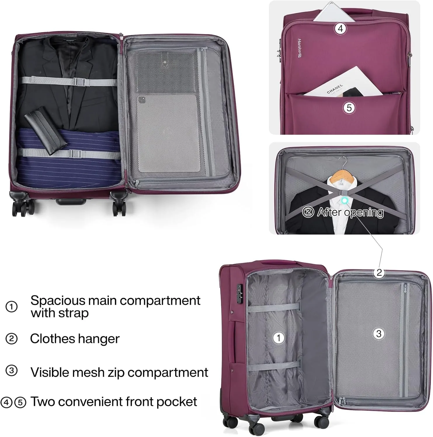 Hanke 24 Inch Luggage Expandable Softside Checked Suitcases with Spinner Wheels, Upright Rolling Luggage Suitcases Travel TSA Luggage Bag for Women Men(Purple)