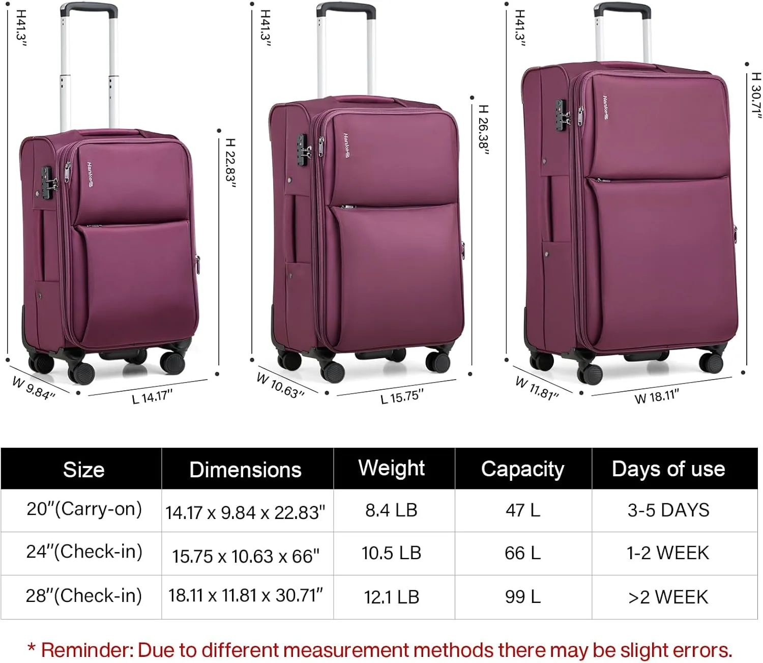 Hanke 24 Inch Luggage Expandable Softside Checked Suitcases with Spinner Wheels, Upright Rolling Luggage Suitcases Travel TSA Luggage Bag for Women Men(Purple)