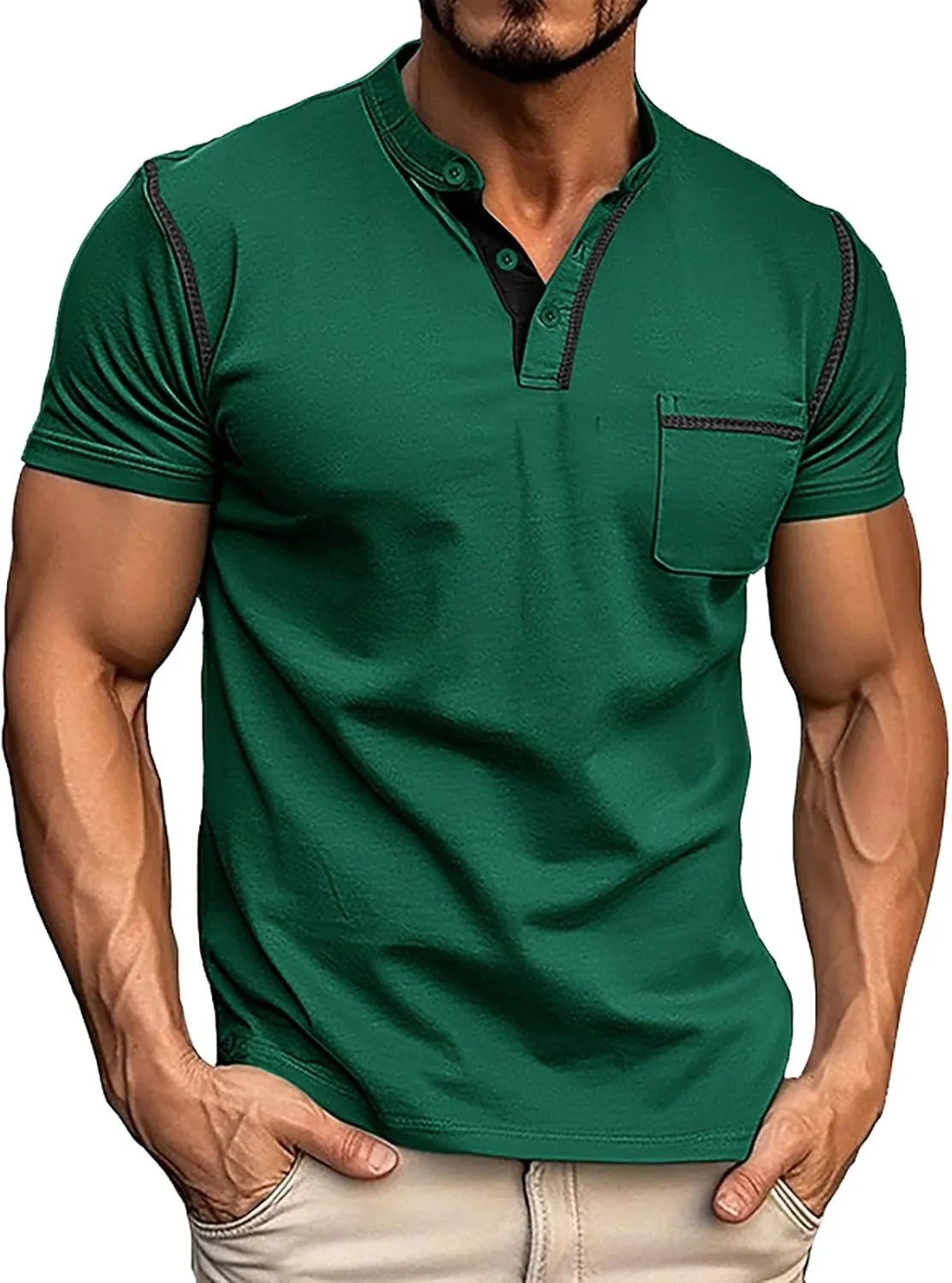 Henley Shirts for Men Big and Tall Summer Fashion V-Neck Pocket Loose Fit T-Shirts Casual Beach Holiday Vacation Tshirts