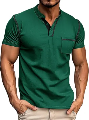 Henley Shirts for Men Big and Tall Summer Fashion V-Neck Pocket Loose Fit T-Shirts Casual Beach Holiday Vacation Tshirts