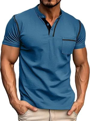 Henley Shirts for Men Big and Tall Summer Fashion V-Neck Pocket Loose Fit T-Shirts Casual Beach Holiday Vacation Tshirts