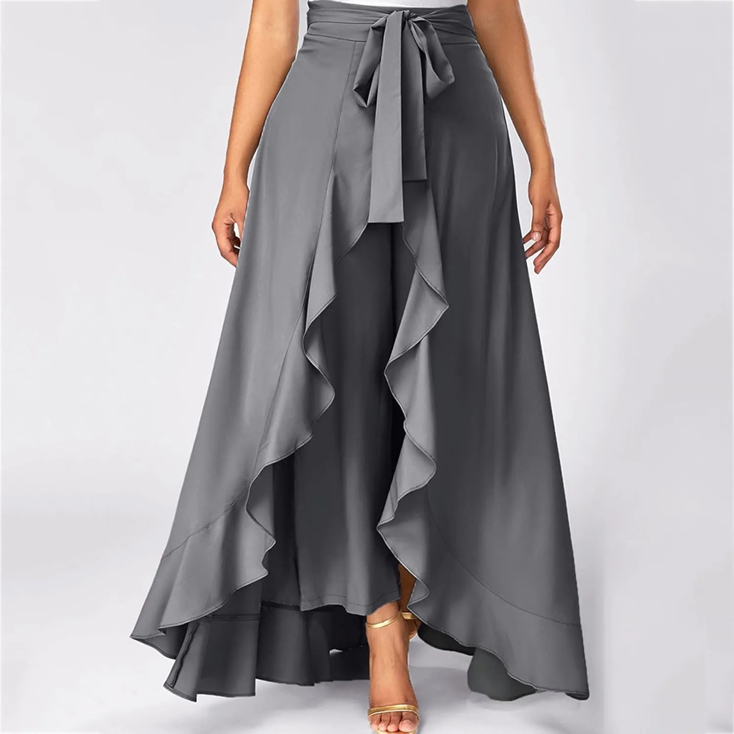 HGps8w Women's Irregular Ruffle Pants, High Waist Bow Tie Casual Maxi Long Palazzo Overlay Culottes Skirts Trousers