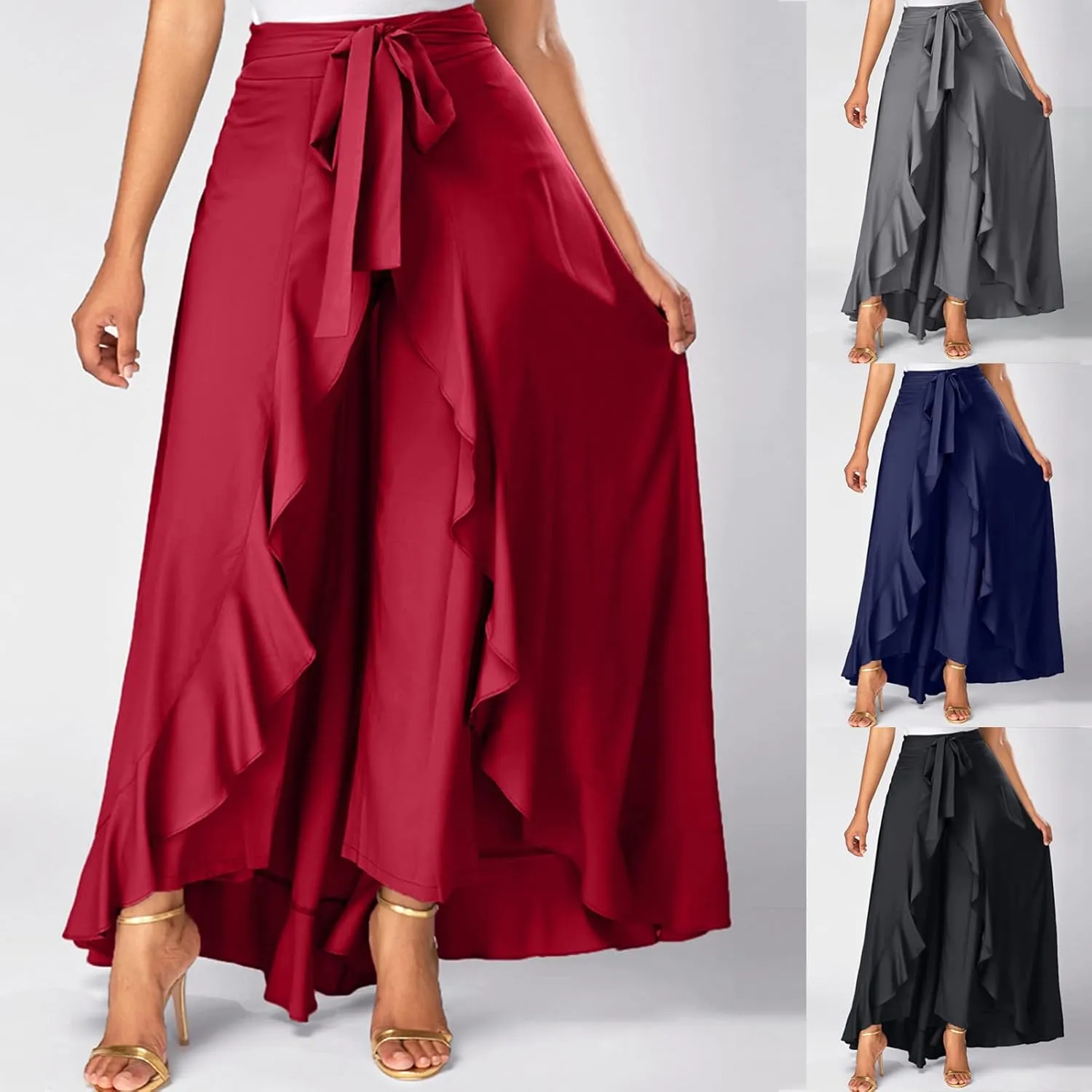 HGps8w Women's Irregular Ruffle Pants, High Waist Bow Tie Casual Maxi Long Palazzo Overlay Culottes Skirts Trousers