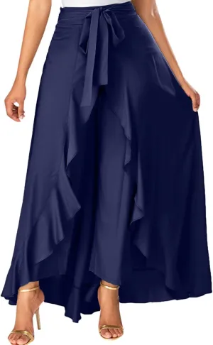 HGps8w Women's Irregular Ruffle Pants, High Waist Bow Tie Casual Maxi Long Palazzo Overlay Culottes Skirts Trousers