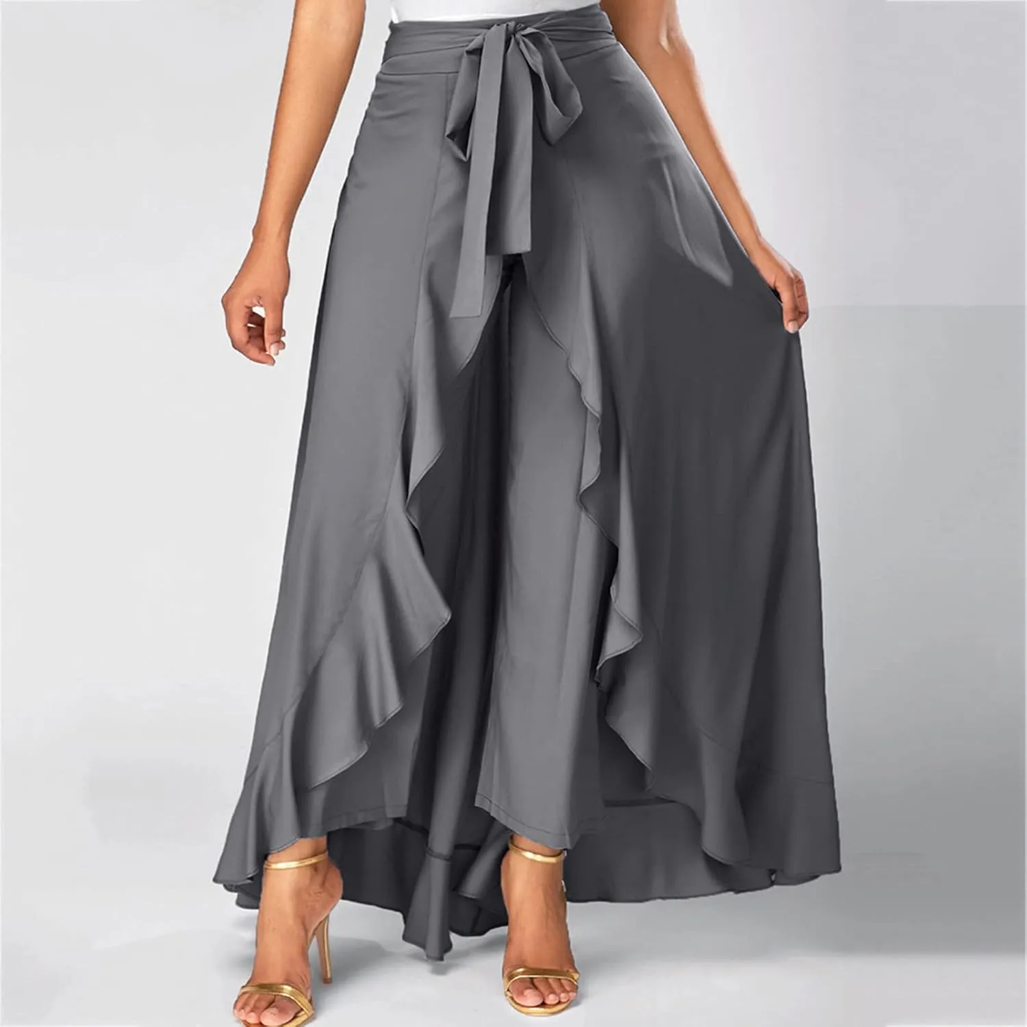 HGps8w Women's Irregular Ruffle Pants, High Waist Bow Tie Casual Maxi Long Palazzo Overlay Culottes Skirts Trousers