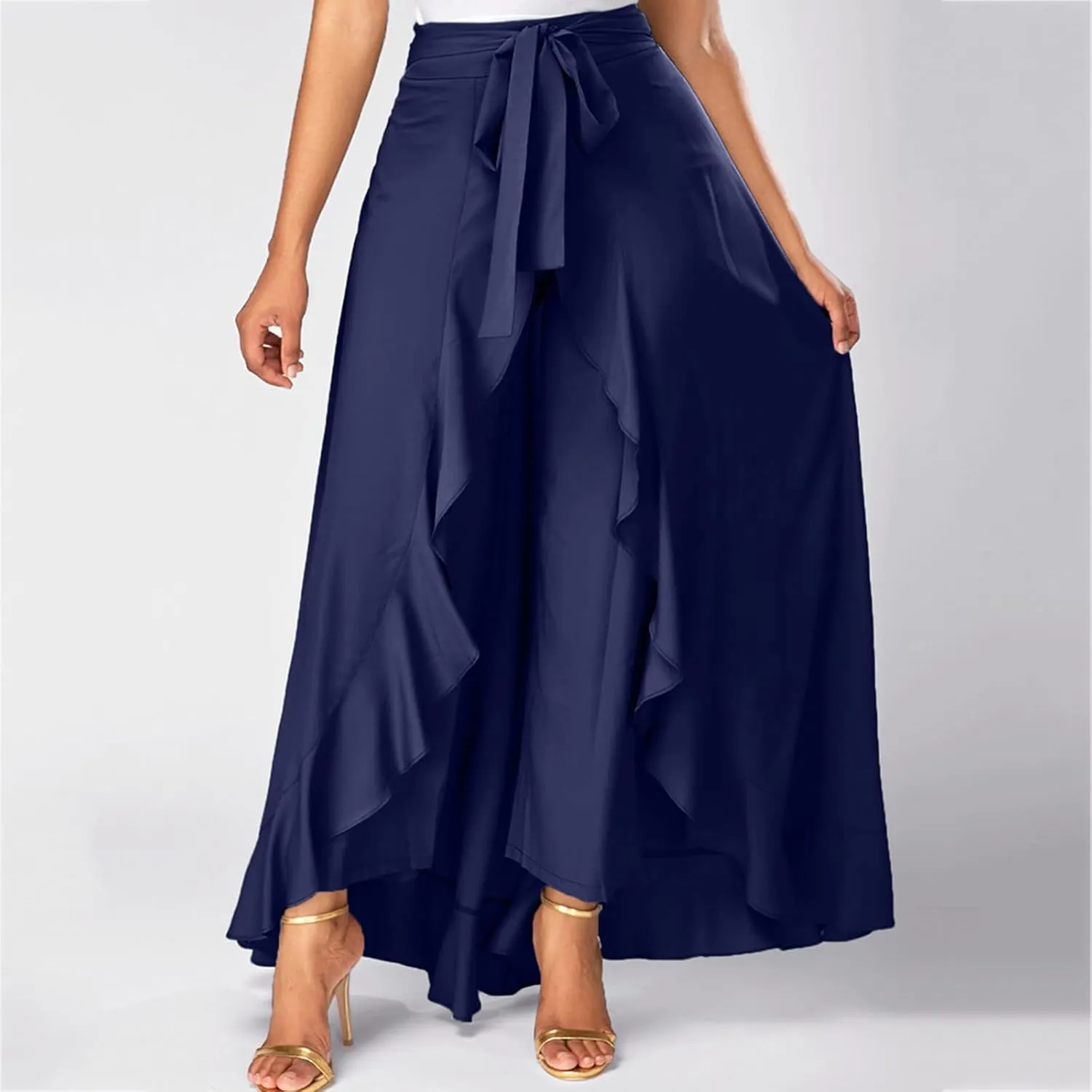 HGps8w Women's Irregular Ruffle Pants, High Waist Bow Tie Casual Maxi Long Palazzo Overlay Culottes Skirts Trousers