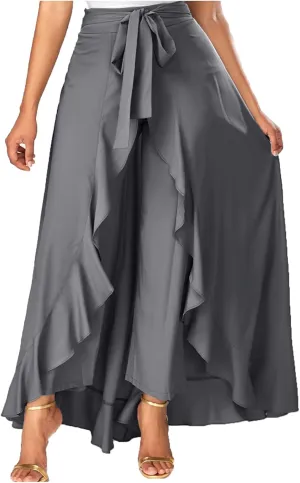HGps8w Women's Irregular Ruffle Pants, High Waist Bow Tie Casual Maxi Long Palazzo Overlay Culottes Skirts Trousers