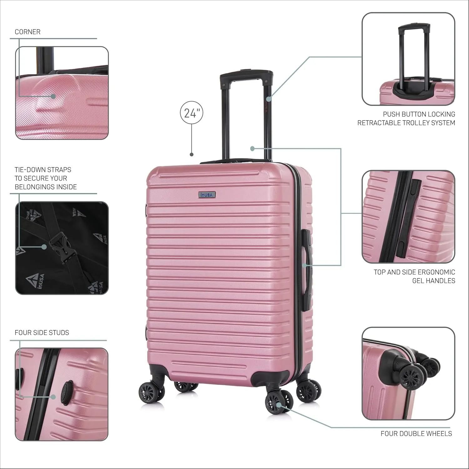 InUSA DEEP Luggage with GEL Handle | Spacious Traveling Suitcases, Travel Suitcase with Dual Spinner Wheels and Studs | 24 Inch Medium Hardside Luggage | Rose Gold