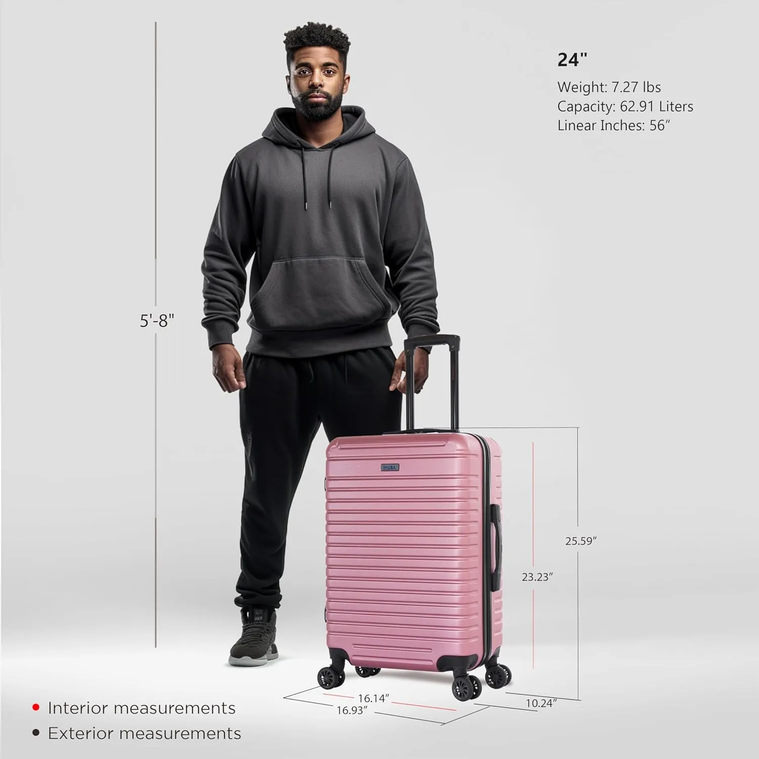 InUSA DEEP Luggage with GEL Handle | Spacious Traveling Suitcases, Travel Suitcase with Dual Spinner Wheels and Studs | 24 Inch Medium Hardside Luggage | Rose Gold
