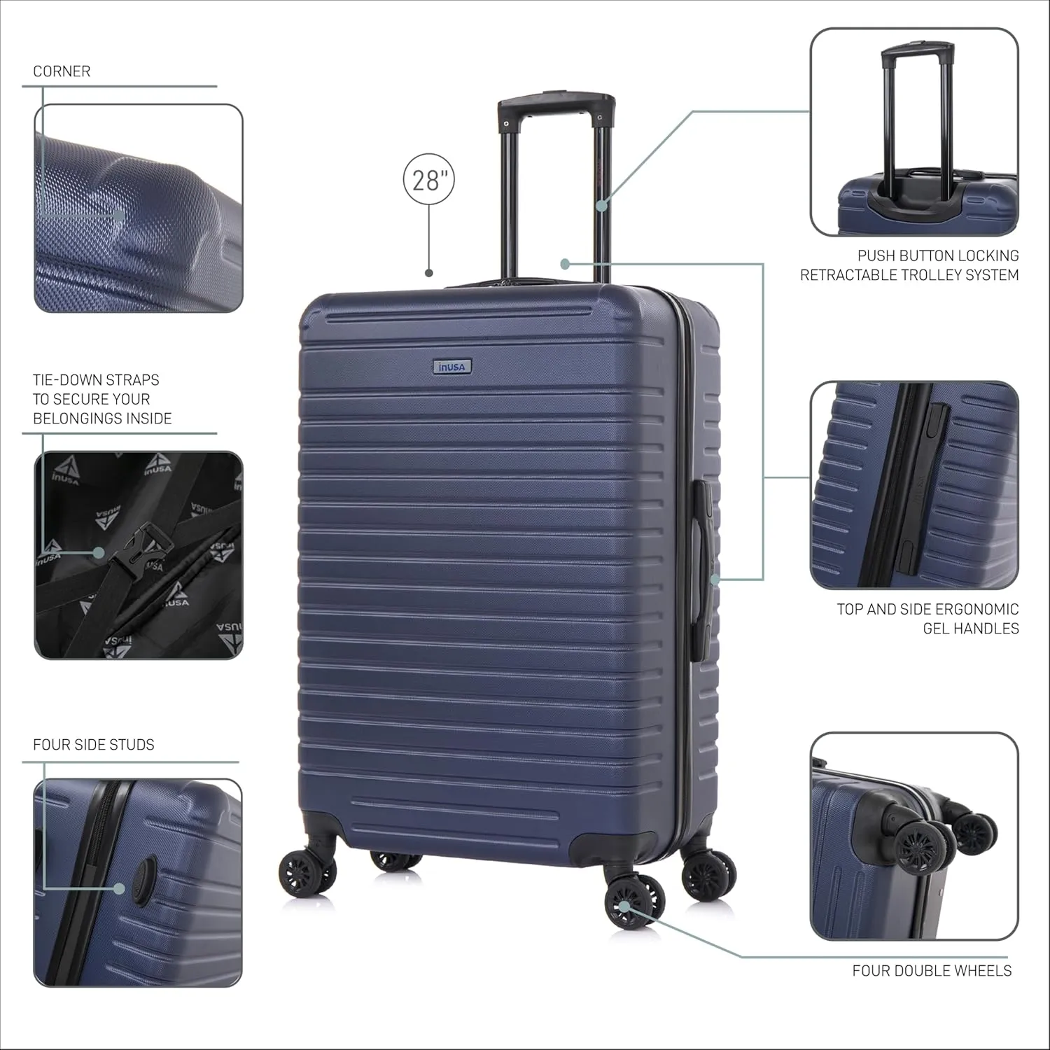InUSA DEEP Luggage with GEL Handle | Spacious Traveling Suitcases, Travel Suitcase with Dual Spinner Wheels and Studs | 28 Inch Large Hardside Luggage | Blue