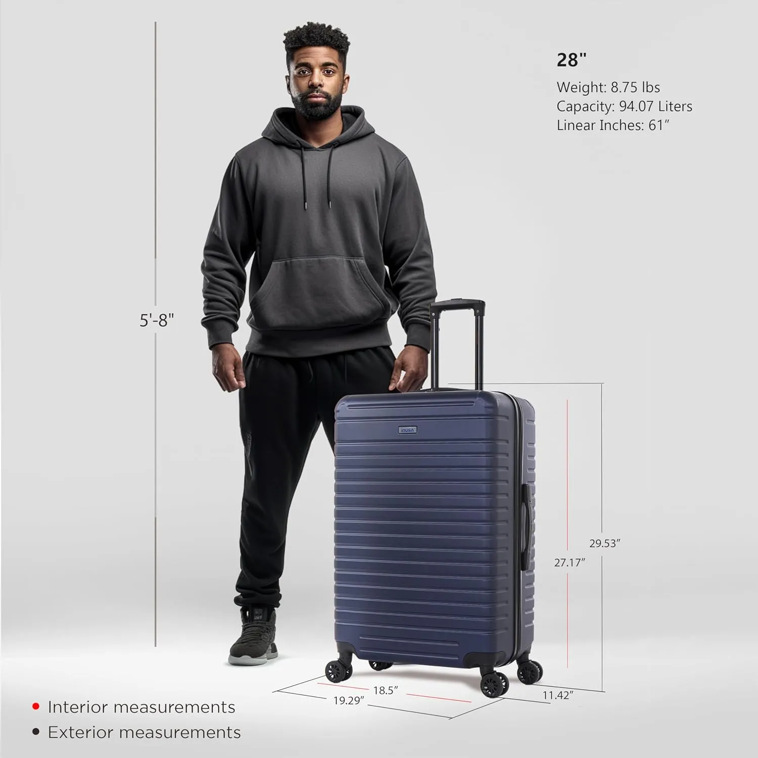 InUSA DEEP Luggage with GEL Handle | Spacious Traveling Suitcases, Travel Suitcase with Dual Spinner Wheels and Studs | 28 Inch Large Hardside Luggage | Blue