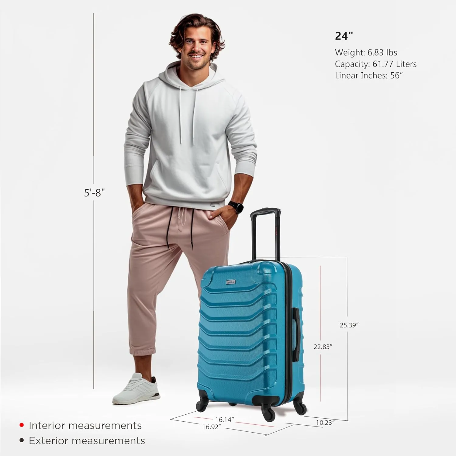 InUSA ENDURANCE Luggage with Spinner Wheels | Spacious Durable Lightweight Hardside Suitcase, Travel Bag with Handle and Trolley | 24-Inch Medium Checked Luggage | Teal