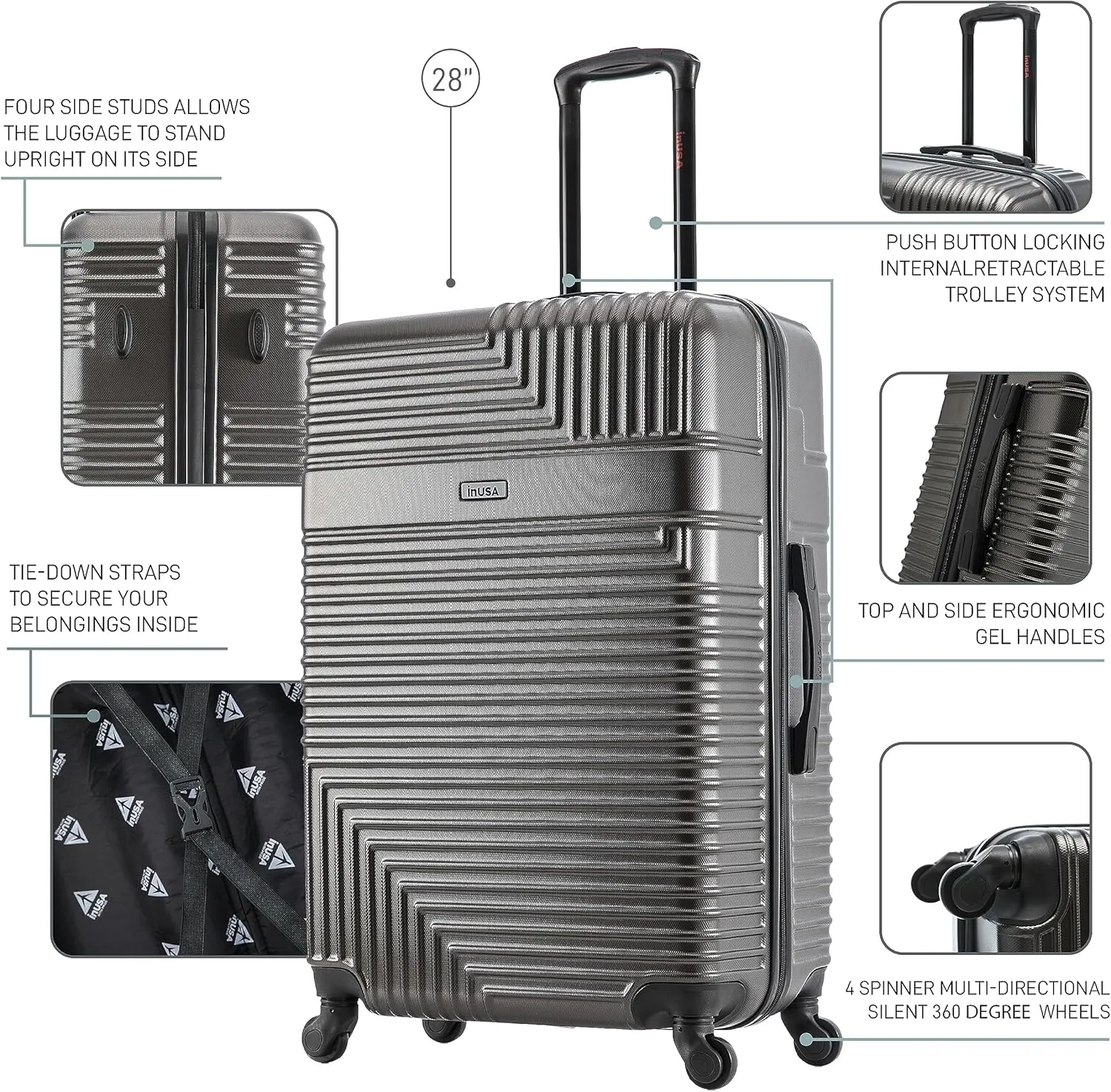 InUSA RESILIENCE Luggage with Spinner Wheels | Durable Lightweight Hardside Suitcase, Spacious Travel Bag with Handle and Trolley | 28-Inch Large Checked Luggage | Charcoal