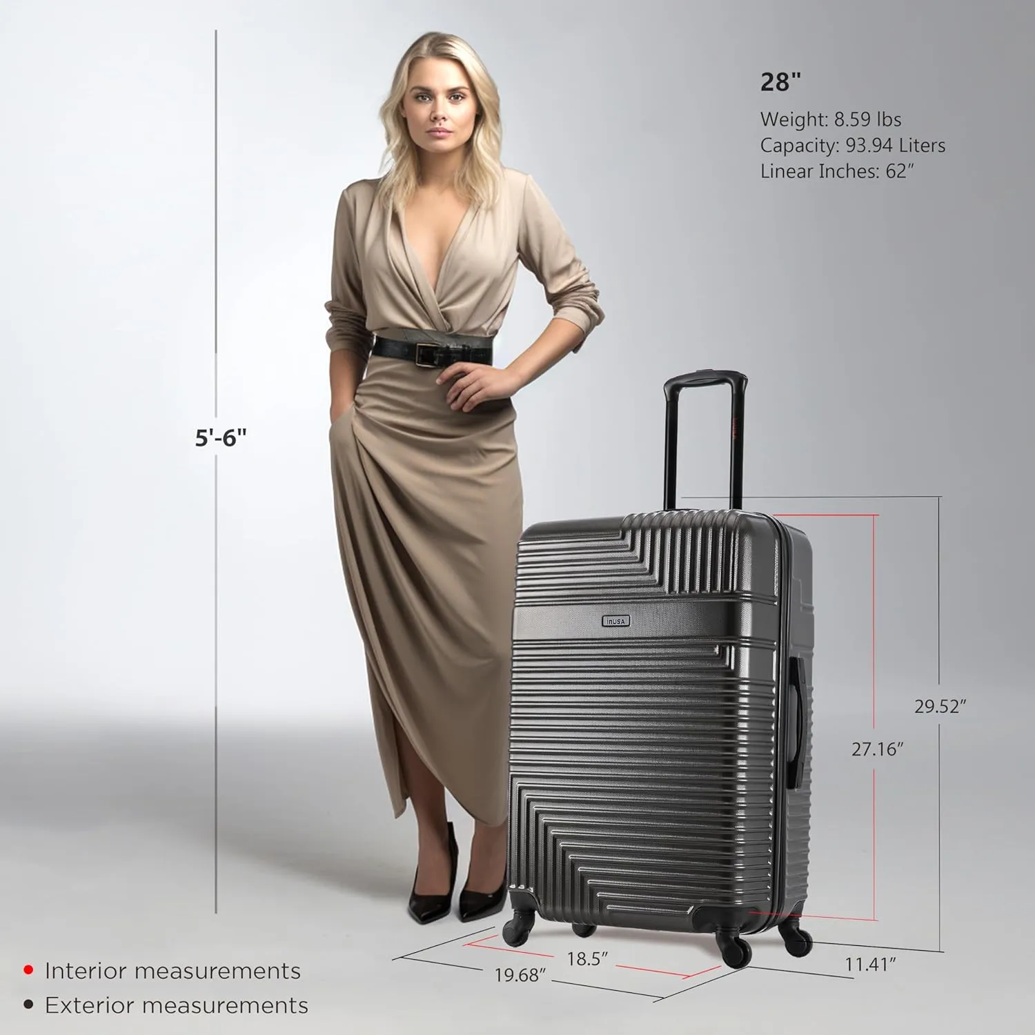 InUSA RESILIENCE Luggage with Spinner Wheels | Durable Lightweight Hardside Suitcase, Spacious Travel Bag with Handle and Trolley | 28-Inch Large Checked Luggage | Charcoal