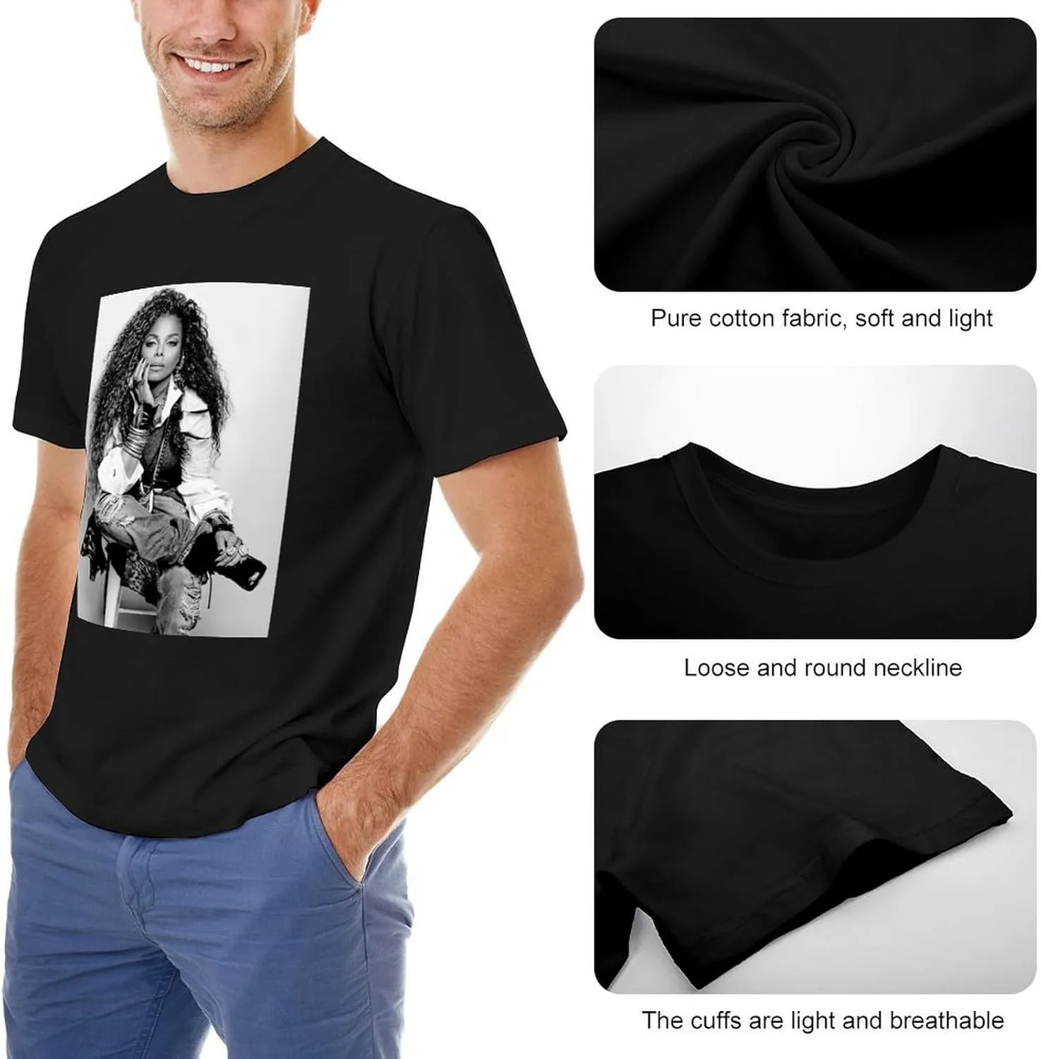 Janet Music Jackson Men'S T-Shirts Classic Crewneck Casual Short Shirt Cotton Teens Tee Tops