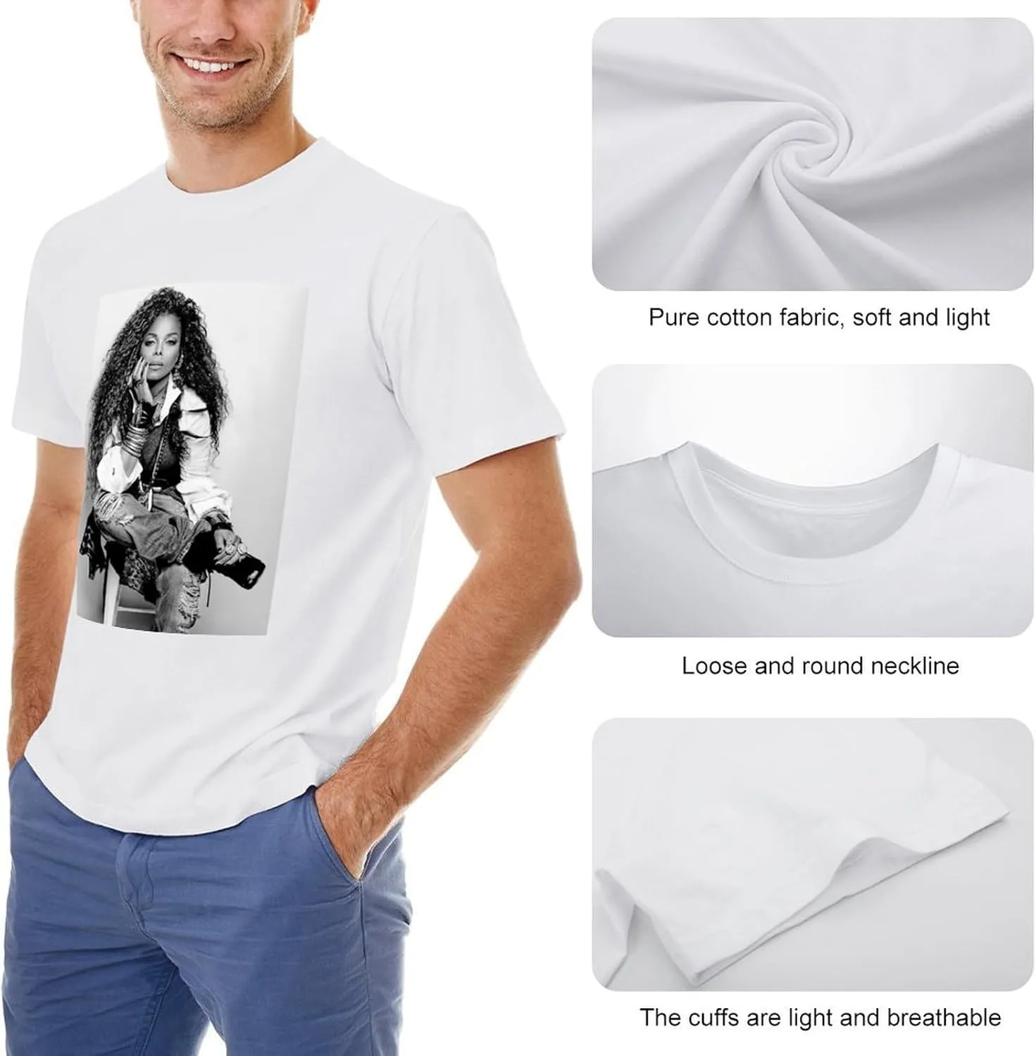 Janet Music Jackson Men'S T-Shirts Classic Crewneck Casual Short Shirt Cotton Teens Tee Tops