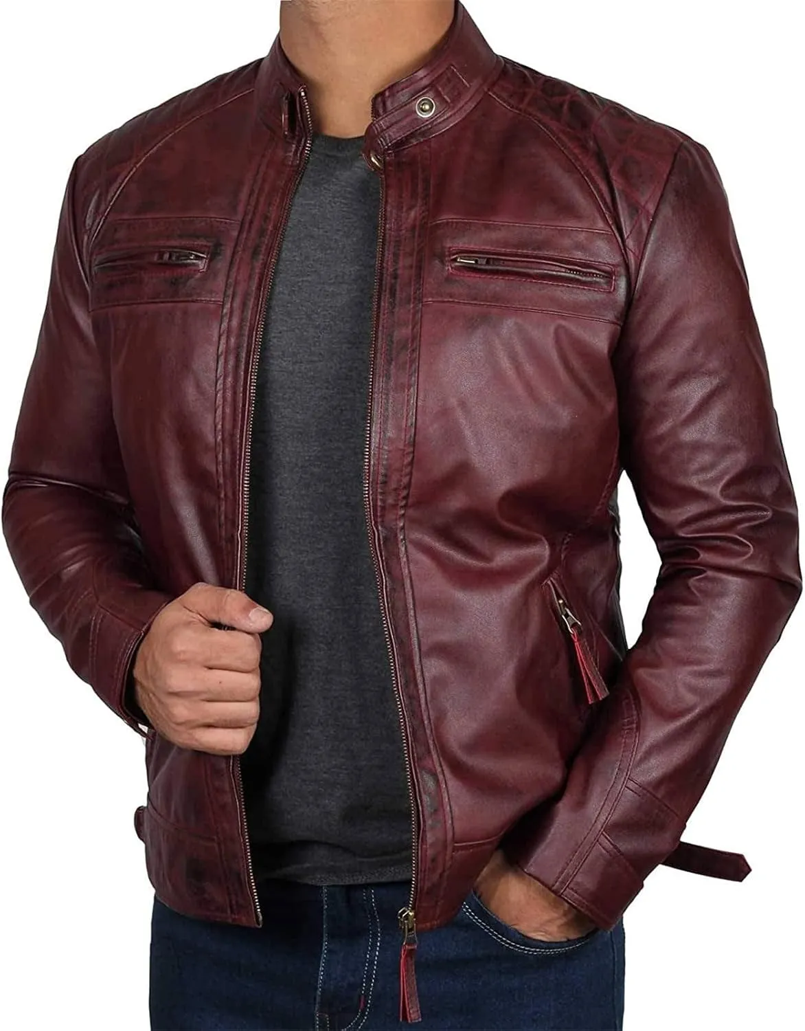 JEsilunmaMY Mens Distressed Punk Leather Jacket Vintage Stand Collar Motorcycle Bomber Jacket Casual Sport Moto Biker Coat