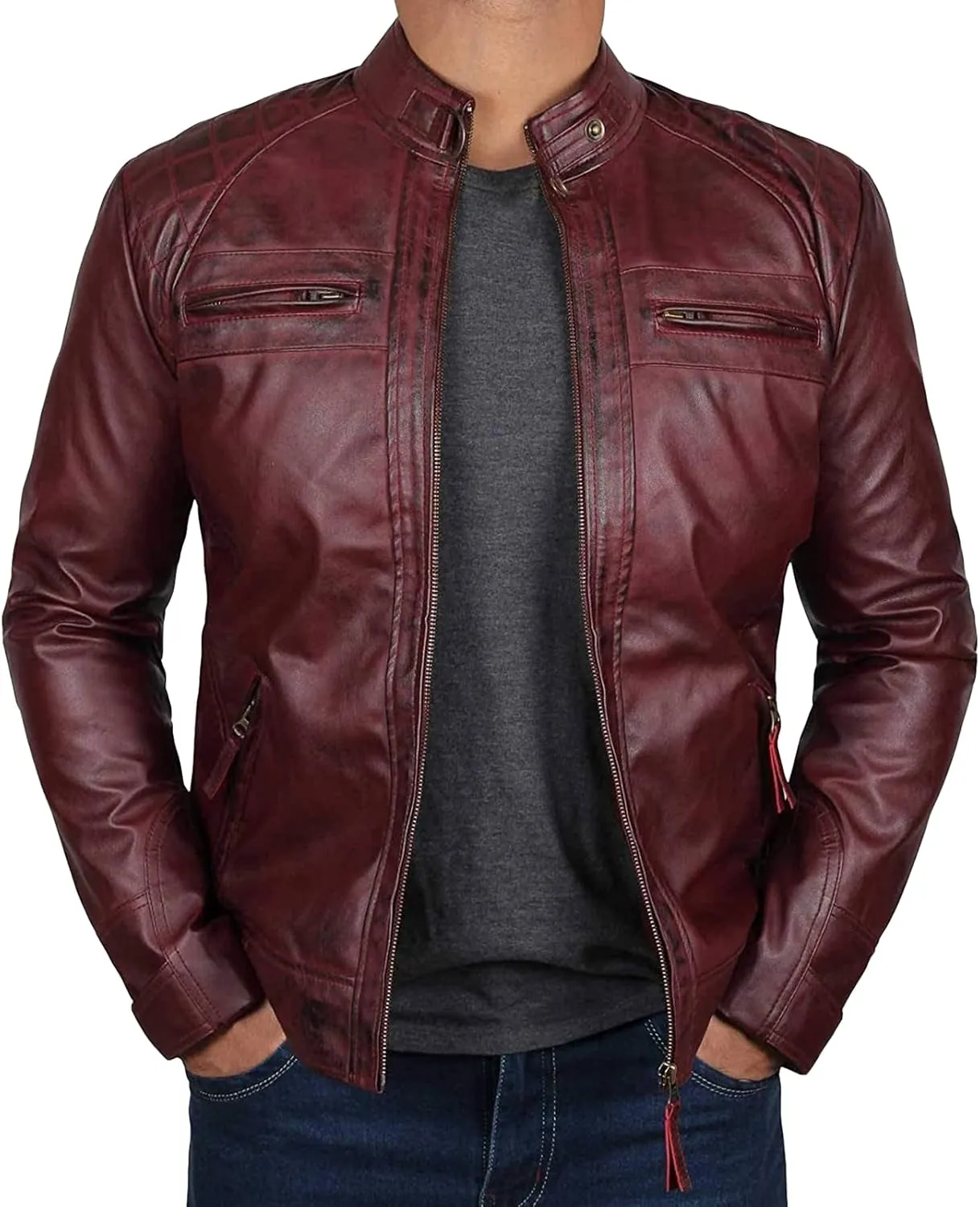 JEsilunmaMY Mens Distressed Punk Leather Jacket Vintage Stand Collar Motorcycle Bomber Jacket Casual Sport Moto Biker Coat